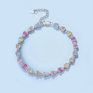 Elegant S925 sterling silver bracelet with fan-shaped colorful trapezoidal cubic zirconia