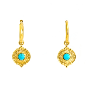 Vintage gold stainless steel hoop earrings with turquoise stone and sunburst pendant