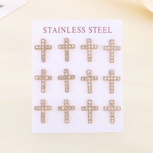 Set of 6 pairs rose gold stainless steel cross earrings with sparkling crystals