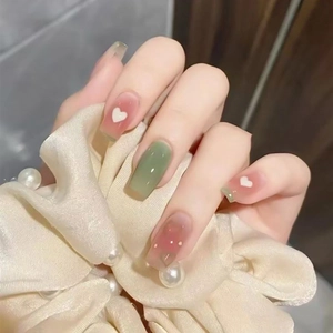 Faux Ongles Dégradés Rose Vert Style Français Avec Motif Cœur Blanc En Plastique ABS Doux Frais Pour Femmes