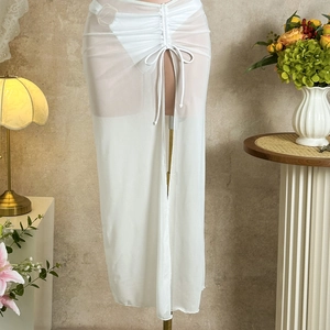 White sheer mesh beach cover-up skirt with drawstring ruched detail and high side slit