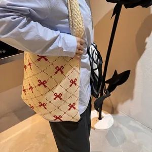 Knitted Tote Bag Women Argyle Pattern Bow Tie Soft Yarn Shoulder Handbag With Satin Scarf Sweet Casual Versatile