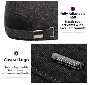 Detail of dark grey winter baseball cap showing adjustable metal buckle and sport logo