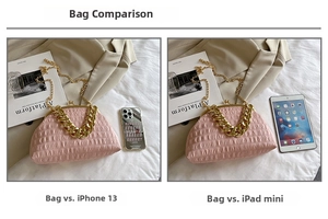 Comparaison de taille du sac plissé rose avec un iPad mini et un smartphone