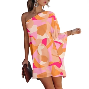 Robe courte asymétrique pour femme avec imprimé géométrique dégradé rose et orange
