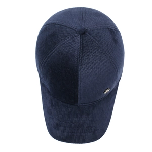 Winter navy blue corduroy baseball cap for men with fleece lining and ear protection