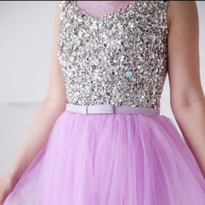 Elegant sleeveless purple evening gown for women with sparkling silver sequins and bow belt