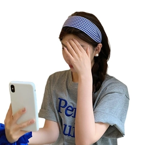 Blue and white plaid wide headband for women with minimalist Korean style checkered design