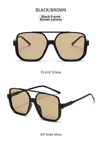 Detail view of oversized retro black half-frame sunglasses with brown lenses from multiple angles