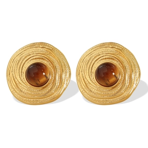 French vintage gold earrings with tiger eye stone and spiral texture in a luxury style