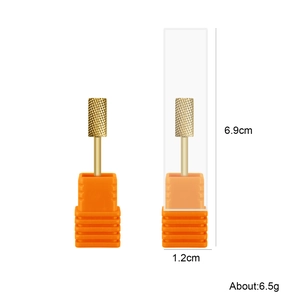 Golden cylindrical alloy nail drill bit with orange base and dimensions of 6.9cm x 1.2cm