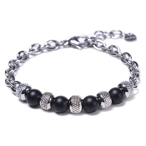 Detailed macro of stainless steel link bracelet with matte tiger eye beads and lobster clasp