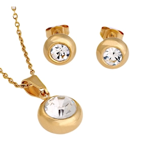 Minimalist gold stainless steel jewelry set with sparkling round crystal stones on white base