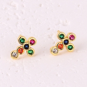Gold plated cross stud earrings with colorful cubic zirconia crystals for women