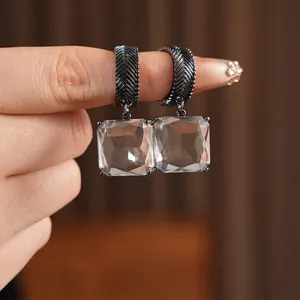 Elegant C-shaped square glass earrings with gunmetal herringbone pattern for women