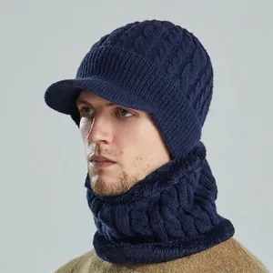 Ensemble bonnet tricoté et cache-col marine pour homme avec doublure polaire chaude