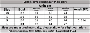 Detailed size guide and measurements for women's long sleeve cotton plaid scarf shirt
