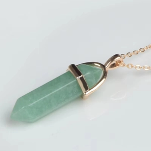 Natural light green crystal hexagonal prism pendant necklace with fine gold-plated chain