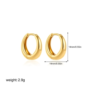Detail showing 14mm 18K gold chunky hoop earrings with polished finish and dimensions