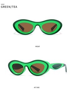 Front and 45-degree side view of modern green sunglasses with wavy textured thick frames