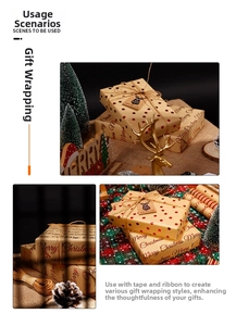 Dettaglio di carta da regalo kraft natalizia con pois dorati, spago e tag di renna