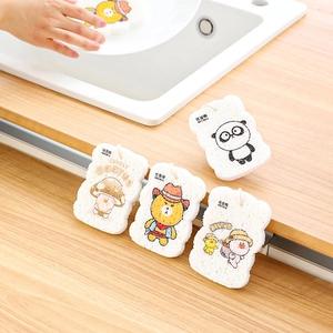 Set of 4 cartoon wood pulp sponges with cute animal prints and hanging ropes for kitchen