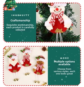 Detail of fabric Christmas ornaments with Santa, elk designs and golden bells