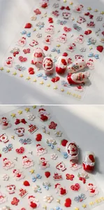 Détail des stickers ongles relief M-835 avec motifs mignons de lapins roses et fraises