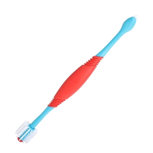 Dual-headed pet toothbrush for dogs and cats with long handle and anti-slip red grip