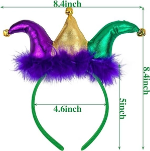 Detailed dimensions of Mardi Gras headband with purple feathers and golden bells