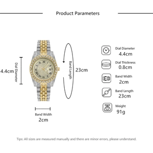 Detailed dimensions of a gold and silver rhinestone watch with 4.4cm dial diameter