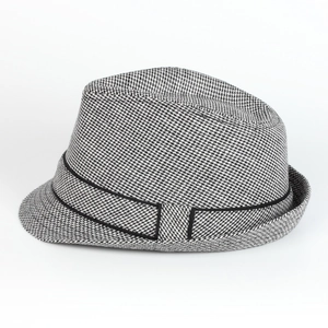 Classic British retro fedora hat with black and white houndstooth pattern and band decorative