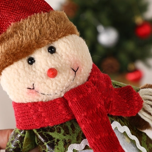 Plush Christmas snowman doll in red knit scarf and green printed outfit decoration