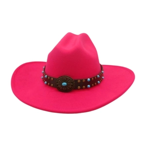 Detail of fuchsia wool fedora featuring brown leather band and turquoise studs