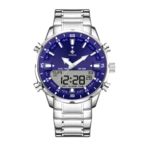 WWOOR dual display stainless steel sport watch with blue dial and luminous markers