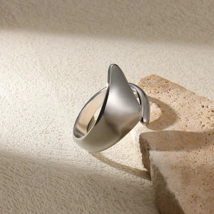 Detailed close-up of a silver irregular snake-like geometric ring on a textured rock