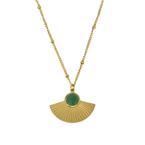 Classic 14K gold plated fan shaped necklace featuring a round green gemstone pendant