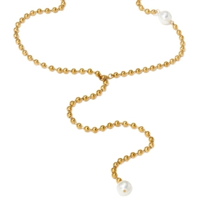 Elegant gold Y-shaped stainless steel necklace featuring classic white pearl accents