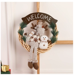 Detail of Christmas wreath with reindeer, snowman plush and wooden Welcome banner