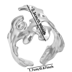 Detailed view of silver irregular liquid texture ring with 2.3cm height dimension