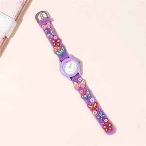 Close-up of purple kids analog watch with 3D butterfly and floral patterns on strap
