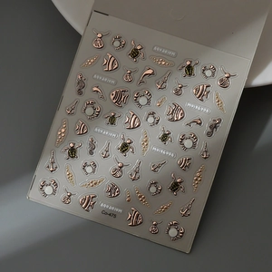 Stickers ongles 5D relief or rose motifs aquarium avec poissons et ancres Co-475