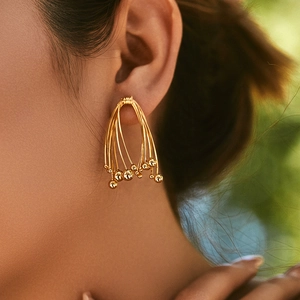Elegant 18K gold plated wire-wrapped drop earrings with metallic beads for women
