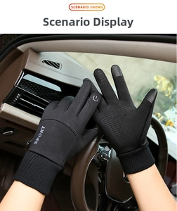 Men's thermal winter sports gloves with touchscreen fingertips shown in driving scenario