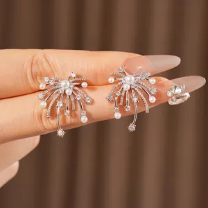 Elegant sterling silver firework pearl earrings with sparkling micro-pave cubic zirconia