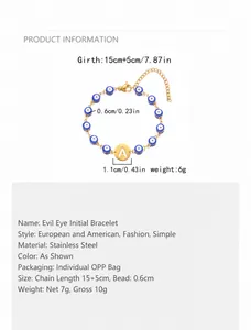 Detail showing gold stainless steel Evil Eye bracelet with letter A charm and sizing