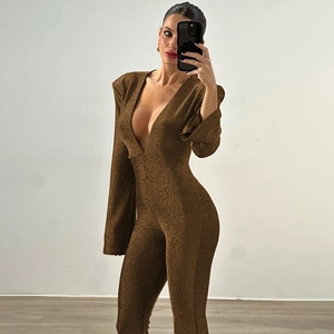 Sexy deep V-neck long sleeve sequin jumpsuit in dark brown with metallic glitter finish