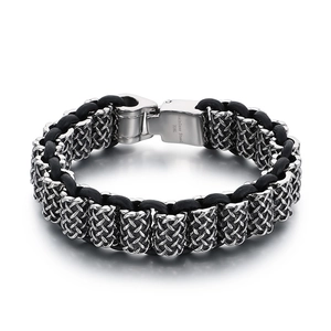 Men's punk woven leather and 316L stainless steel bracelet with dragon beads on white background
