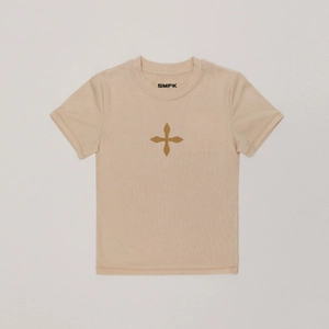 Slim fit beige cotton kids T-shirt featuring a central brown cross badge emblem