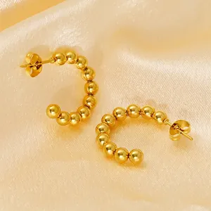 French vintage style 18K gold plated stainless steel C-shaped beaded hoop earrings for women